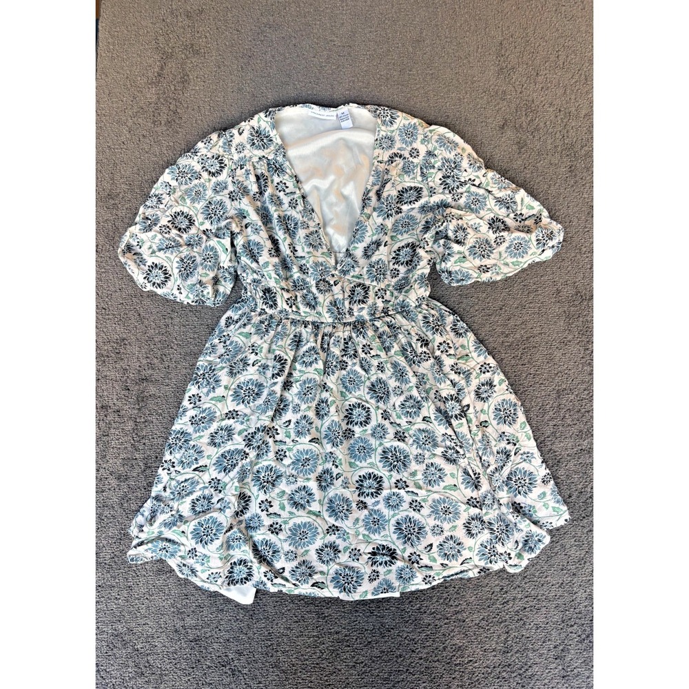 Sincerely Jules‎ Mini Dress Women's Medium Beige Teal Floral V-Neck Bubble Hem